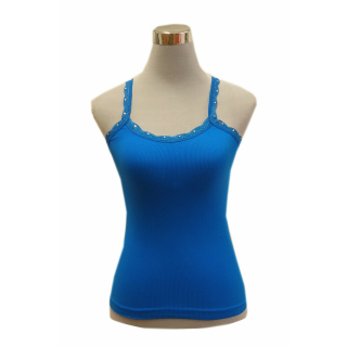 Sexy Damen Shirt mit Spaghetti Träger Strass Spitze Blau M-L